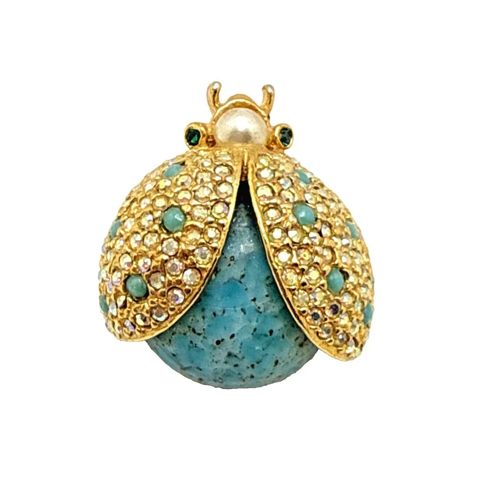 Vintage Unsigned Hattie Carnegie Ladybug Brooch Gold Tone Blue Body Beetle 1.25